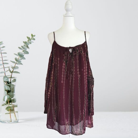 Patrons of Peace Blouse Dress. Wine and Brown Tie-Dye Pattern Long Sleeves Small - Picture 1 of 9